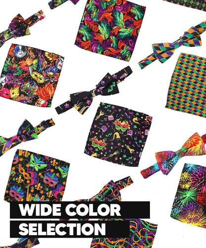 Vittorio Farina Men's Mardi Gras Satin Bow Tie & Pocket Square in Gift Box - Suits You Sir - Mardi 5: Colorful Black Mask - 