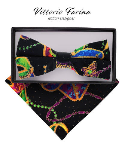 Vittorio Farina Men's Mardi Gras Satin Bow Tie & Pocket Square in Gift Box - Suits You Sir - Mardi 5: Colorful Black Mask - 
