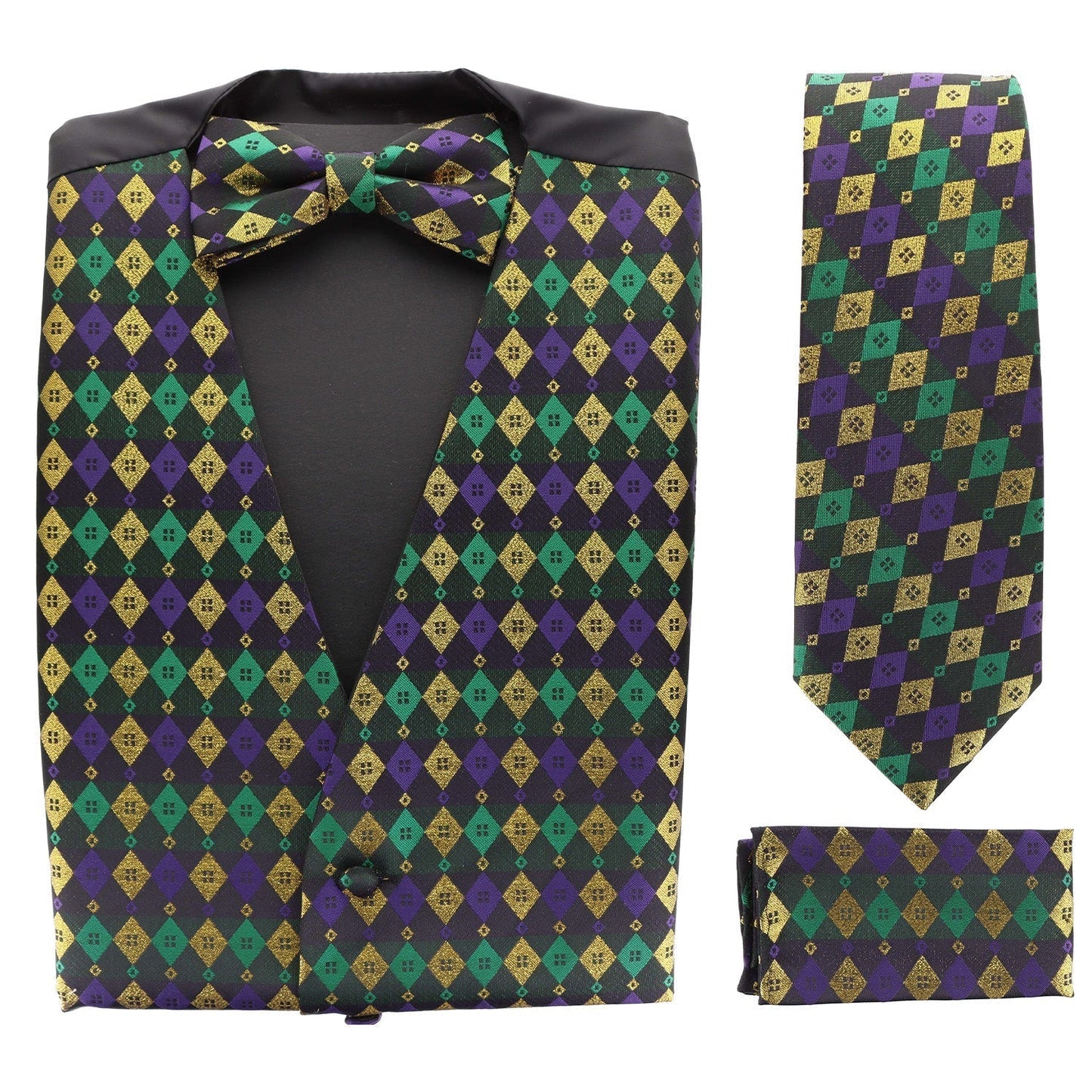 Vittorio Farina Men's Mardi Gras Satin Vest, Necktie, Bow Tie and Pocket Square Set - Suits You Sir - Mardi 2: Metallic Harlequin - S