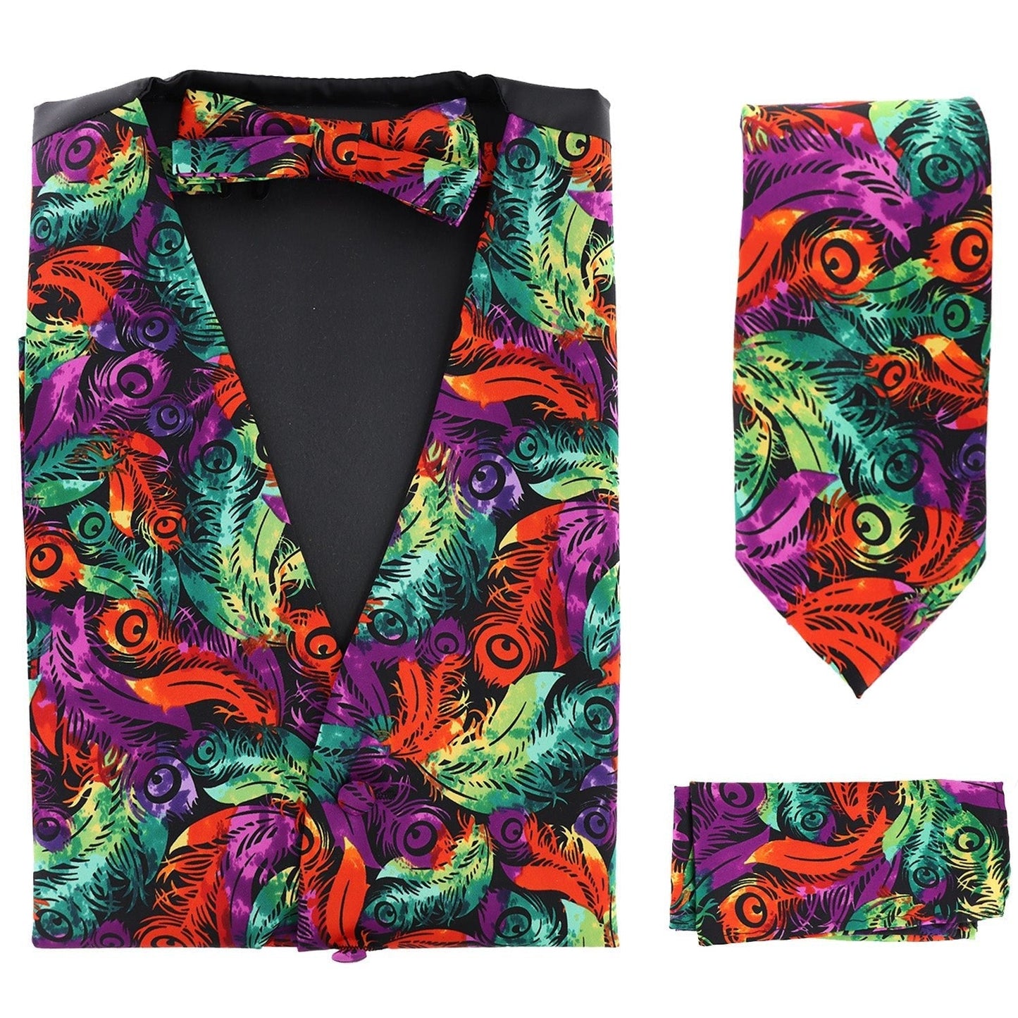 Vittorio Farina Men's Mardi Gras Satin Vest, Necktie, Bow Tie and Pocket Square Set - Suits You Sir - Mardi 3: Vibrant Feather - S