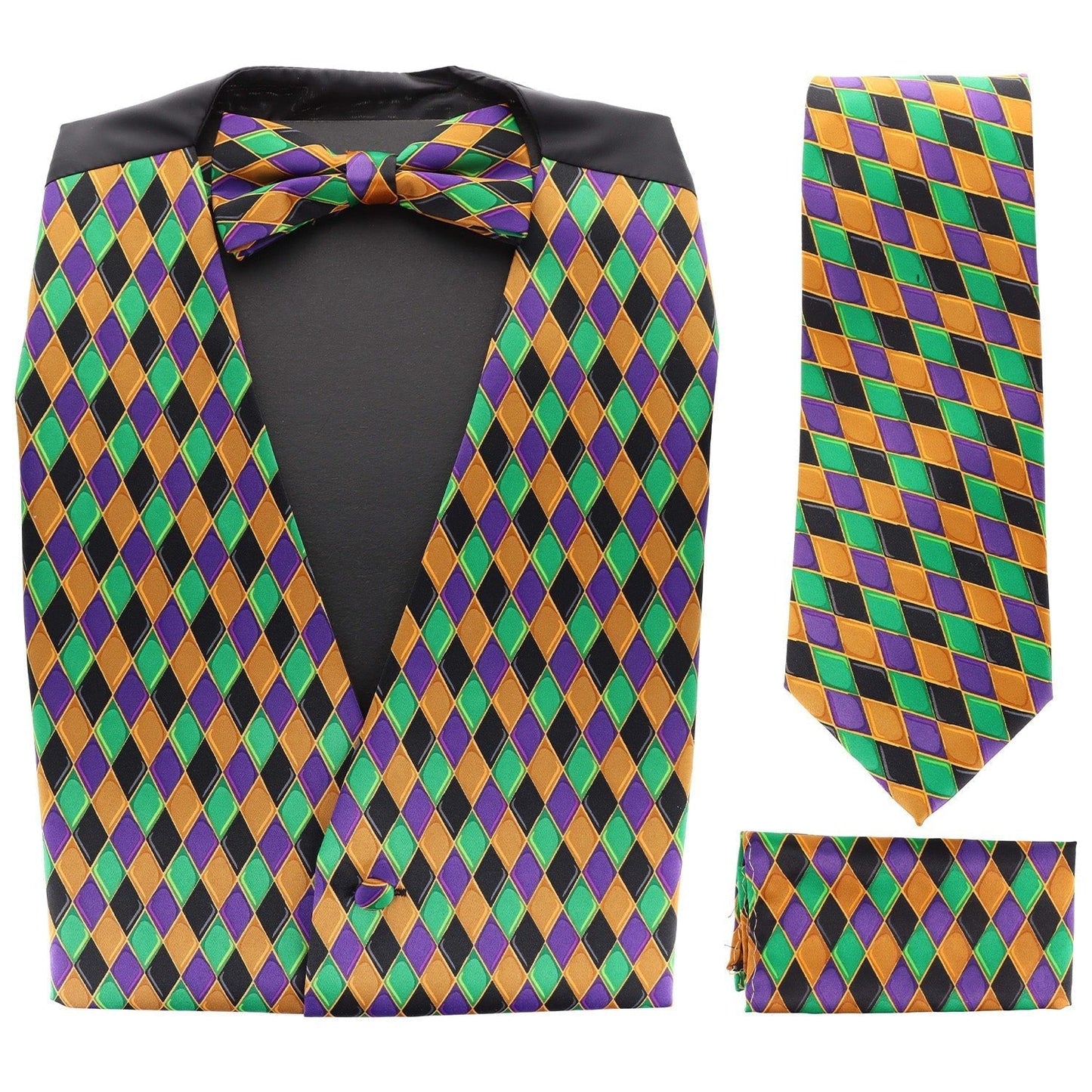 Vittorio Farina Men's Mardi Gras Satin Vest, Necktie, Bow Tie and Pocket Square Set - Suits You Sir - Mardi 6: Harlequin - S