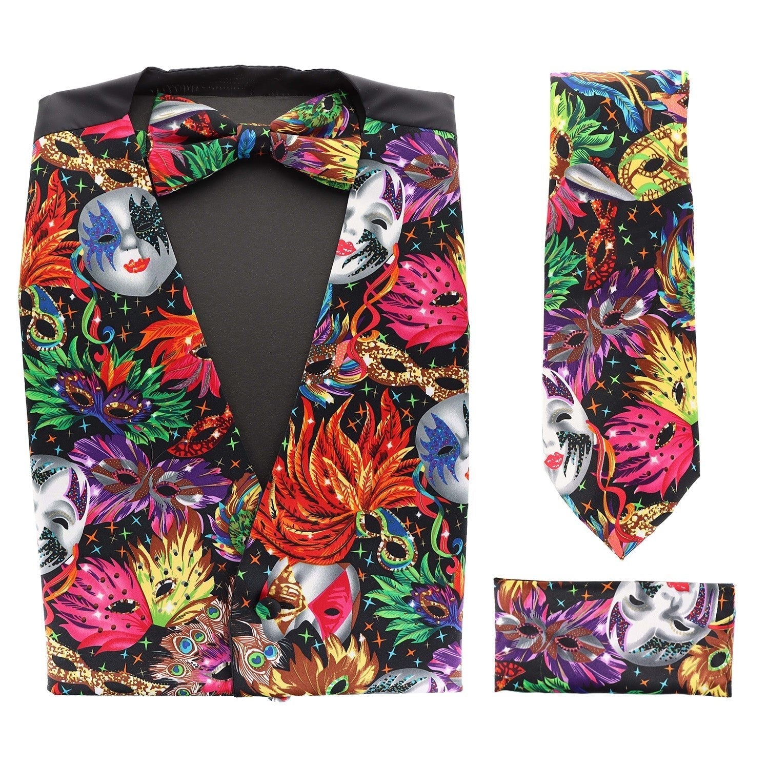 Vittorio Farina Men's Mardi Gras Satin Vest, Necktie, Bow Tie and Pocket Square Set - Suits You Sir - Mardi Original: Vibrant Party Mask - S