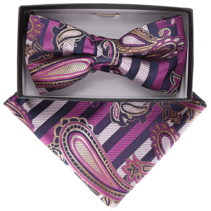 Vittorio Farina Men's Paisley Design Satin Bow Tie & Pocket Square in Gift Box - Suits You Sir - BH - 21117 - 