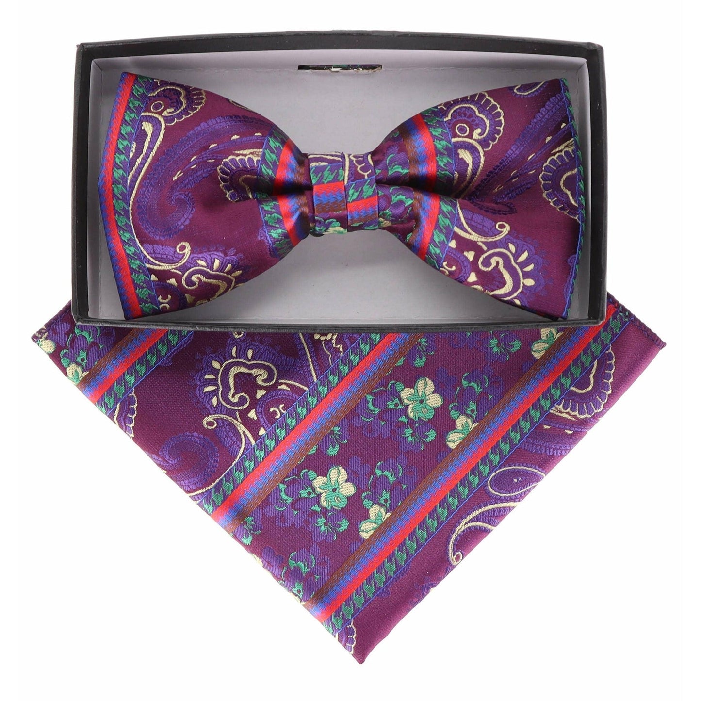 Vittorio Farina Men's Paisley Design Satin Bow Tie & Pocket Square in Gift Box - Suits You Sir - BH - 21166 - 