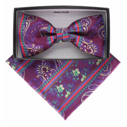 Vittorio Farina Men's Paisley Design Satin Bow Tie & Pocket Square in Gift Box - Suits You Sir - BH - 21166 - 