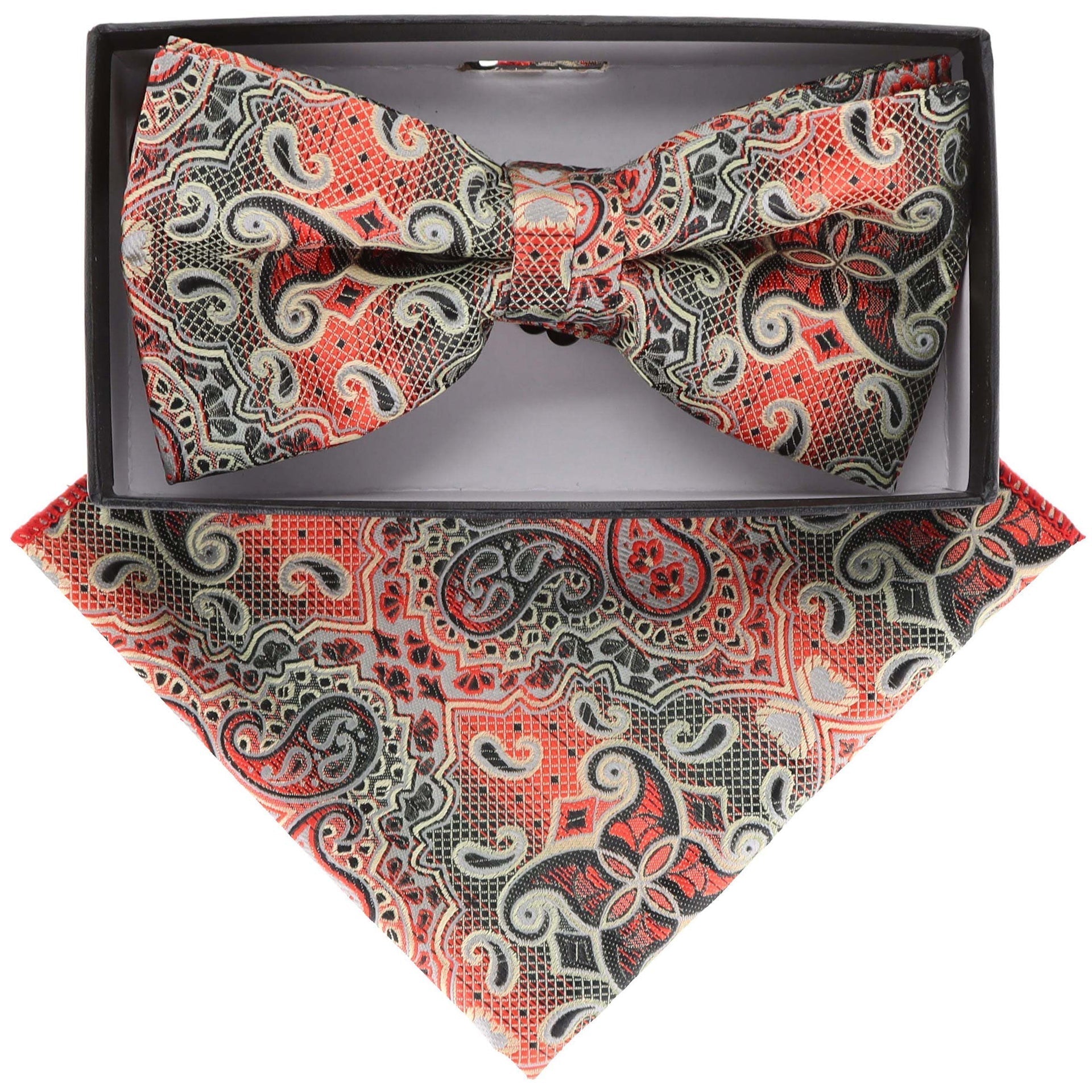 Vittorio Farina Men's Paisley Design Satin Bow Tie & Pocket Square in Gift Box - Suits You Sir - BH - 21166 - 
