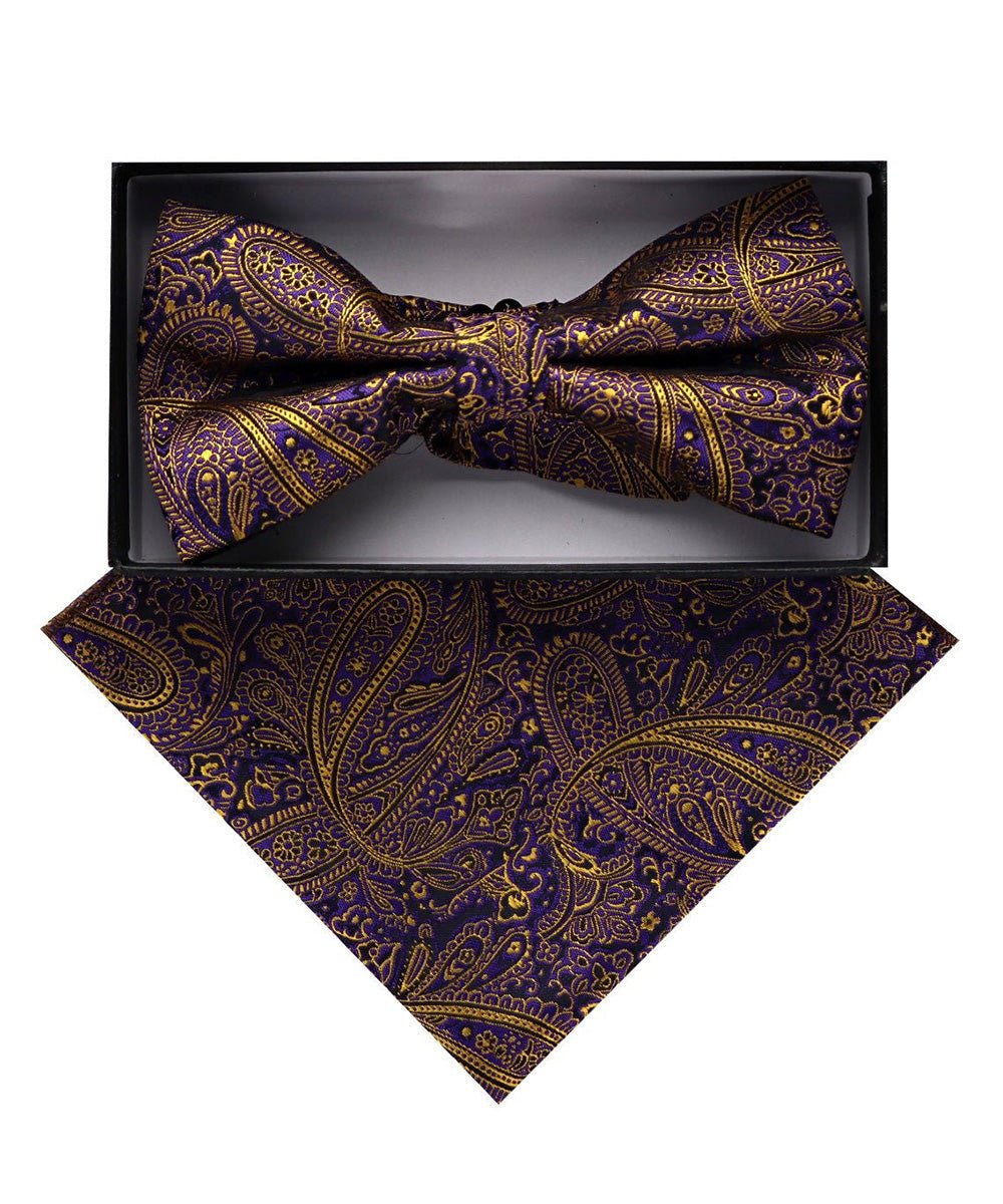 Vittorio Farina Men's Paisley Design Satin Bow Tie & Pocket Square in Gift Box - Suits You Sir - BH - D_23092 - 
