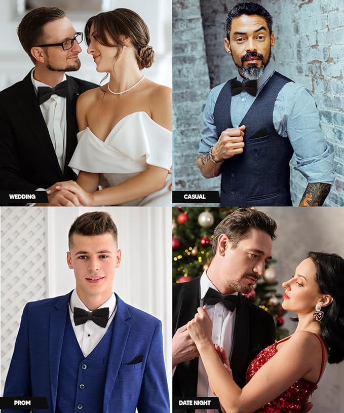 Vittorio Farina Men's Pleated Satin Bow Tie & Pocket Square in Gift Box - Suits You Sir - Black - 