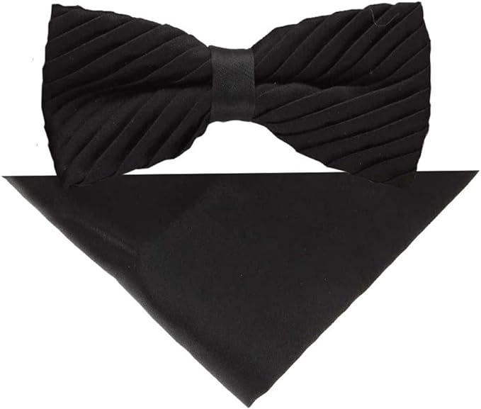 Vittorio Farina Men's Pleated Satin Bow Tie & Pocket Square in Gift Box - Suits You Sir - Black - 