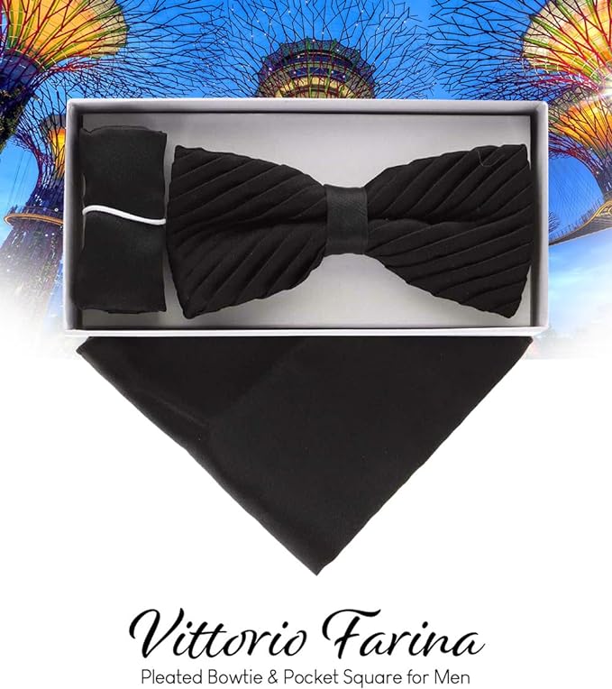 Vittorio Farina Men's Pleated Satin Bow Tie & Pocket Square in Gift Box - Suits You Sir - Black - 