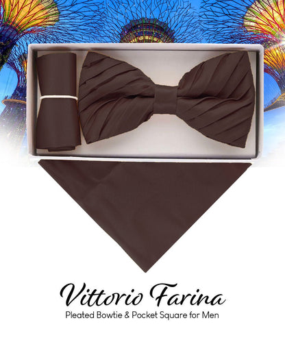 Vittorio Farina Men's Pleated Satin Bow Tie & Pocket Square in Gift Box - Suits You Sir - Brown - 
