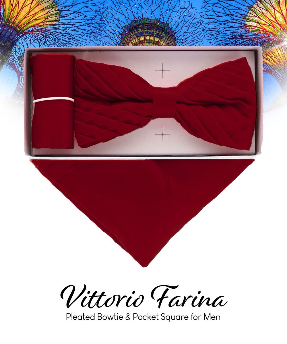 Vittorio Farina Men's Pleated Satin Bow Tie & Pocket Square in Gift Box - Suits You Sir - Burgundy - 
