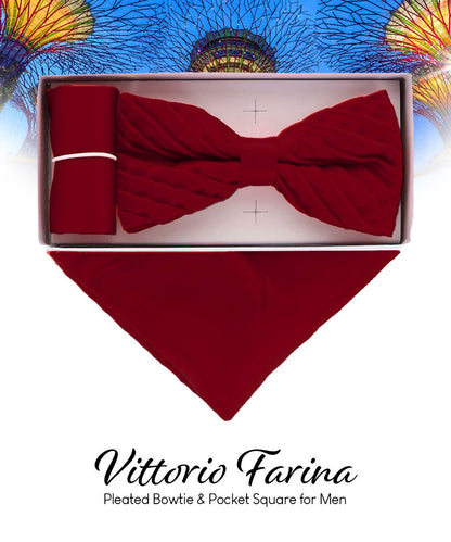 Vittorio Farina Men's Pleated Satin Bow Tie & Pocket Square in Gift Box - Suits You Sir - Burgundy - 