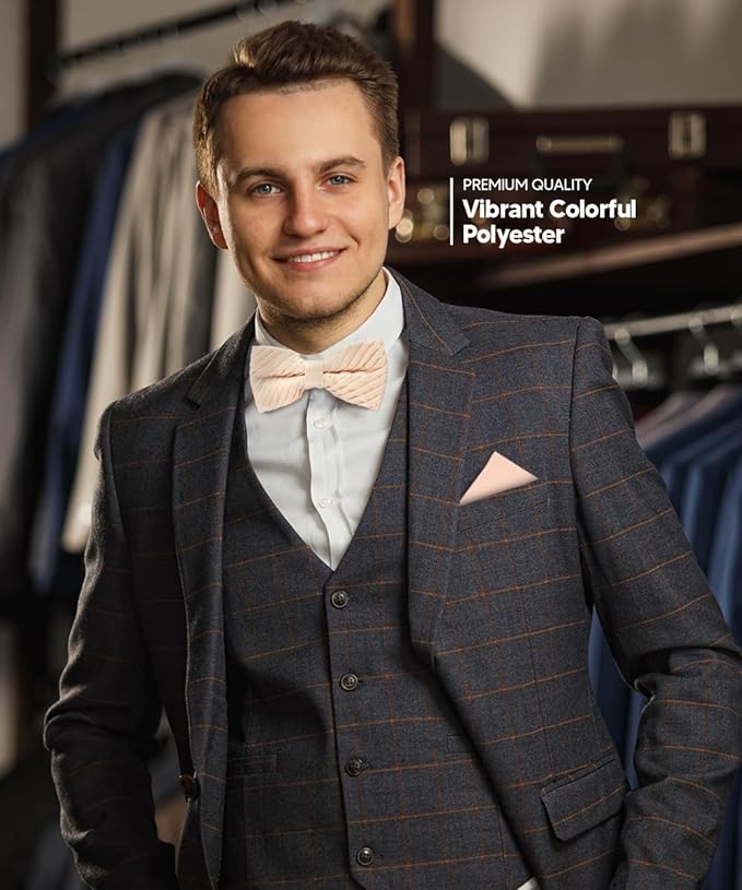 Vittorio Farina Men's Pleated Satin Bow Tie & Pocket Square in Gift Box - Suits You Sir - Ivory - 