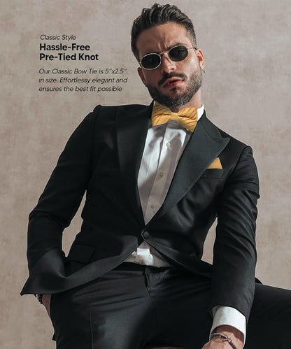 Vittorio Farina Men's Pleated Satin Bow Tie & Pocket Square in Gift Box - Suits You Sir - Mustard Yellow - 