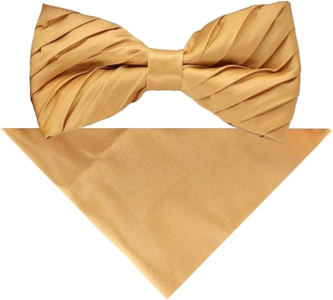 Vittorio Farina Men's Pleated Satin Bow Tie & Pocket Square in Gift Box - Suits You Sir - Mustard Yellow - 