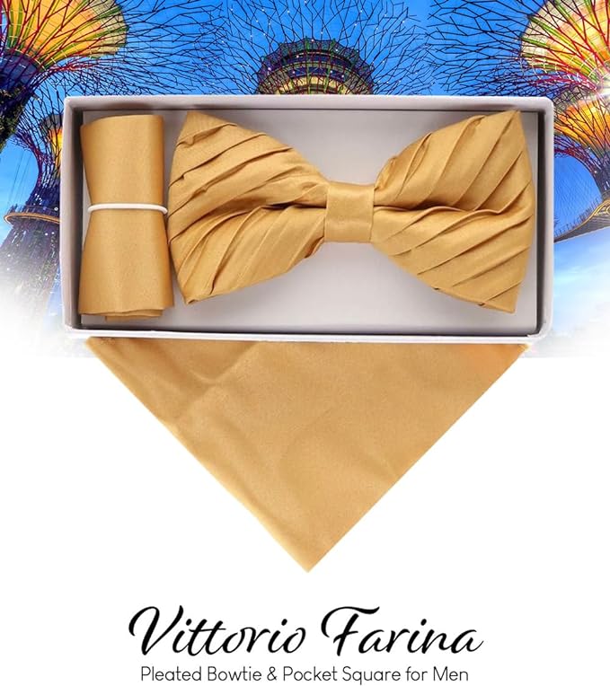 Vittorio Farina Men's Pleated Satin Bow Tie & Pocket Square in Gift Box - Suits You Sir - Mustard Yellow - 