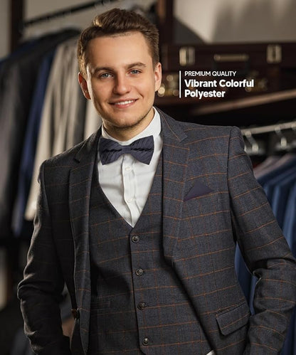 Vittorio Farina Men's Pleated Satin Bow Tie & Pocket Square in Gift Box - Suits You Sir - Navy Blue - 