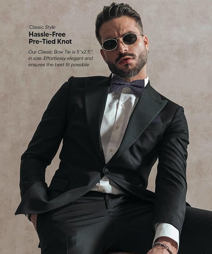 Vittorio Farina Men's Pleated Satin Bow Tie & Pocket Square in Gift Box - Suits You Sir - Navy Blue - 