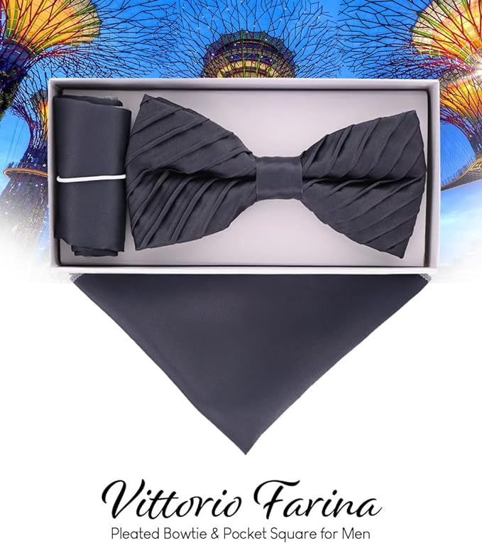 Vittorio Farina Men's Pleated Satin Bow Tie & Pocket Square in Gift Box - Suits You Sir - Navy Blue - 