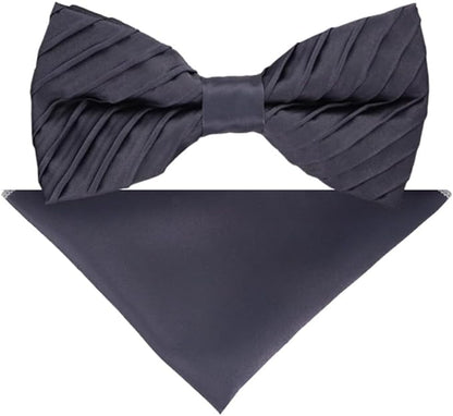 Vittorio Farina Men's Pleated Satin Bow Tie & Pocket Square in Gift Box - Suits You Sir - Navy Blue - 