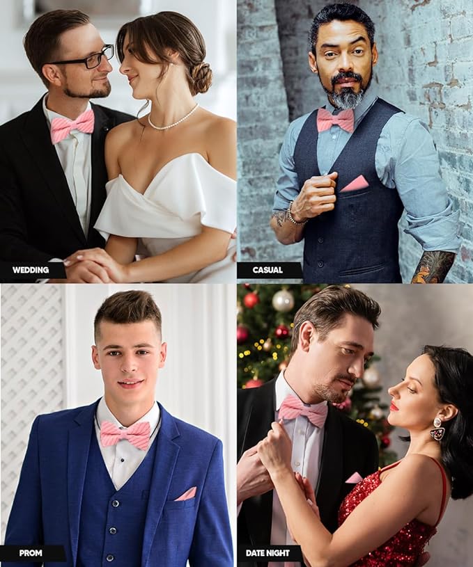 Vittorio Farina Men's Pleated Satin Bow Tie & Pocket Square in Gift Box - Suits You Sir - Pink - 