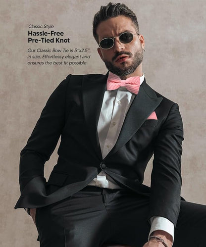 Vittorio Farina Men's Pleated Satin Bow Tie & Pocket Square in Gift Box - Suits You Sir - Pink - 