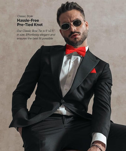 Vittorio Farina Men's Pleated Satin Bow Tie & Pocket Square in Gift Box - Suits You Sir - Red - 