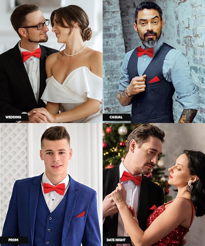 Vittorio Farina Men's Pleated Satin Bow Tie & Pocket Square in Gift Box - Suits You Sir - Red - 