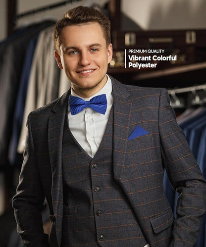 Vittorio Farina Men's Pleated Satin Bow Tie & Pocket Square in Gift Box - Suits You Sir - Royal Blue - 