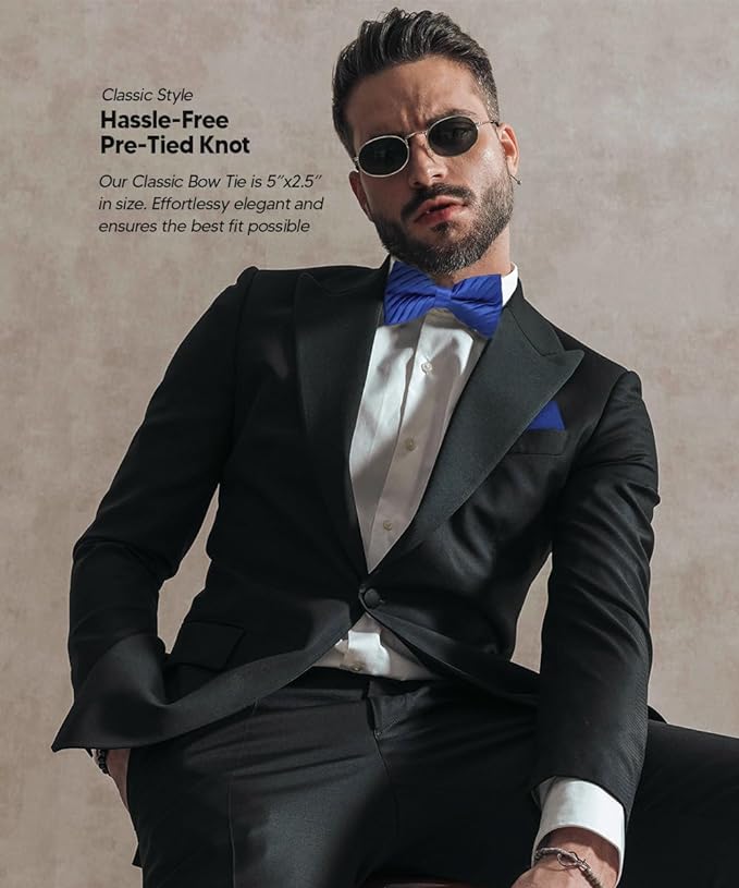 Vittorio Farina Men's Pleated Satin Bow Tie & Pocket Square in Gift Box - Suits You Sir - Royal Blue - 