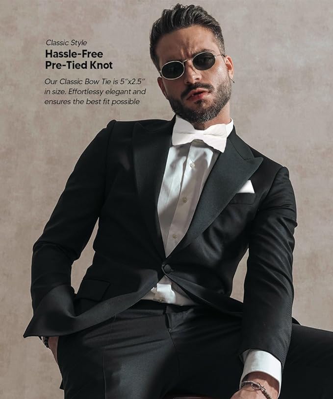 Vittorio Farina Men's Pleated Satin Bow Tie & Pocket Square in Gift Box - Suits You Sir - White - 