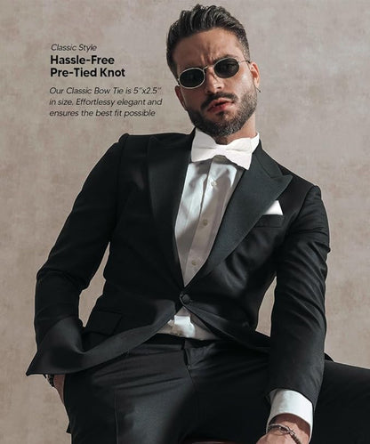 Vittorio Farina Men's Pleated Satin Bow Tie & Pocket Square in Gift Box - Suits You Sir - White - 