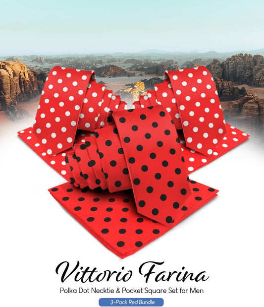 Vittorio Farina Men's Polka Dot Necktie & Pocket Square - Suits You Sir - Red and Black/Red and White/Red and White - 