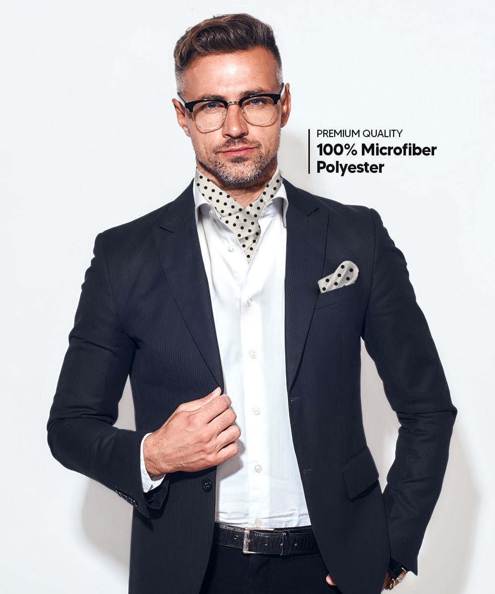 Vittorio Farina Men's Polka Dot Satin Ascot & Pocket Square - Suits You Sir - Ivory and Black - 