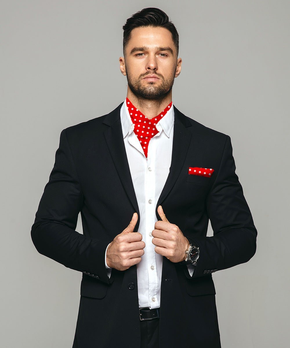 Vittorio Farina Men's Polka Dot Satin Ascot & Pocket Square - Suits You Sir - Red and White - 