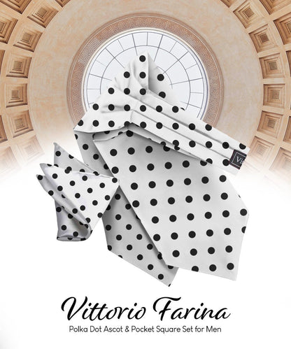 Vittorio Farina Men's Polka Dot Satin Ascot & Pocket Square - Suits You Sir - White and Black - 
