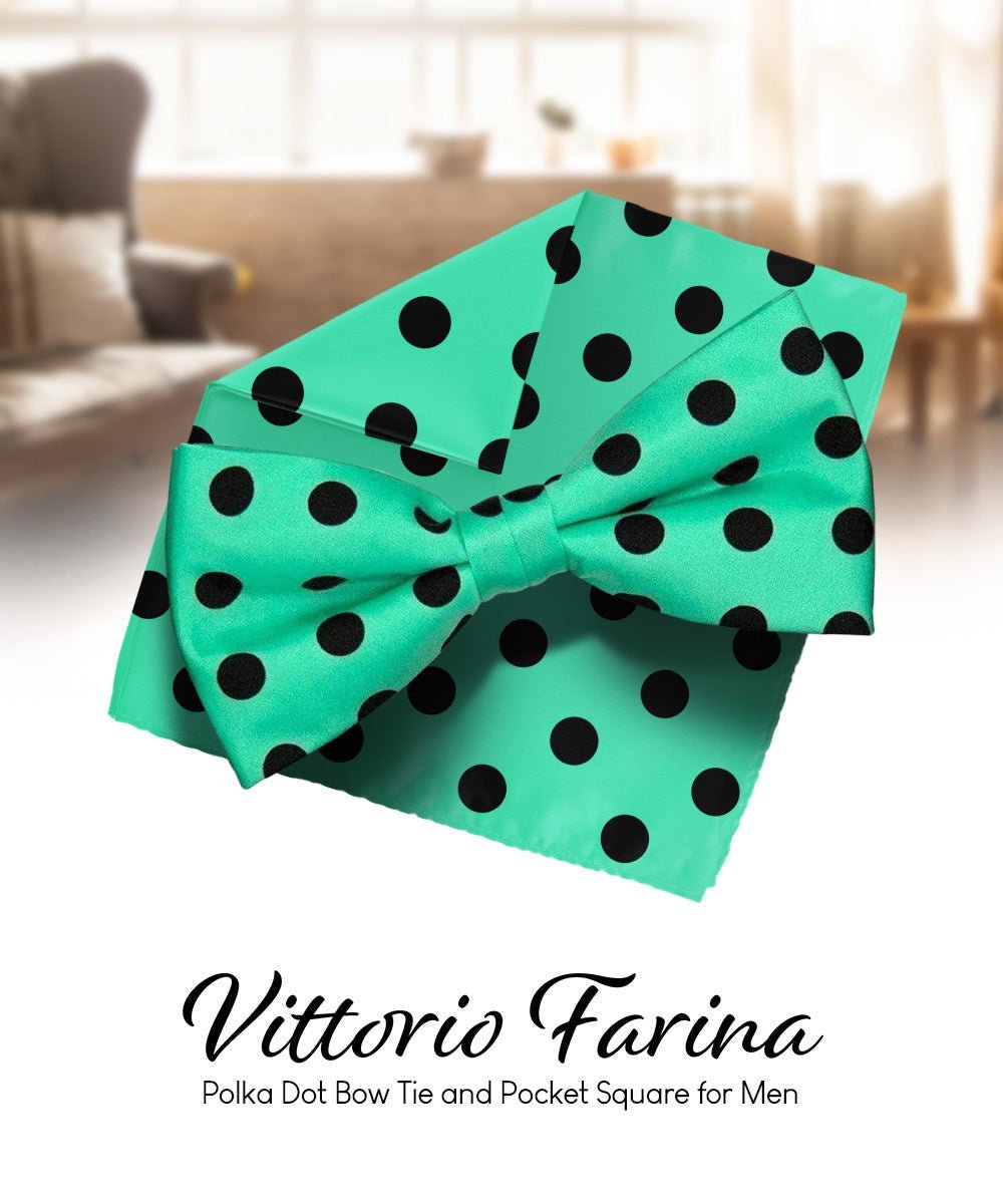 Vittorio Farina Men's Polka Dot Satin Bow Tie & Pocket Square in Gift Box - Suits You Sir - Aqua and Black - 