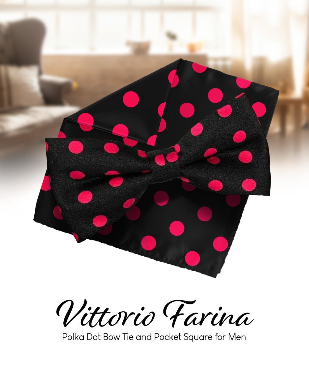 Vittorio Farina Men's Polka Dot Satin Bow Tie & Pocket Square in Gift Box - Suits You Sir - Black and Pink - 