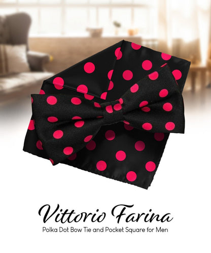 Vittorio Farina Men's Polka Dot Satin Bow Tie & Pocket Square in Gift Box - Suits You Sir - Black and Pink - 