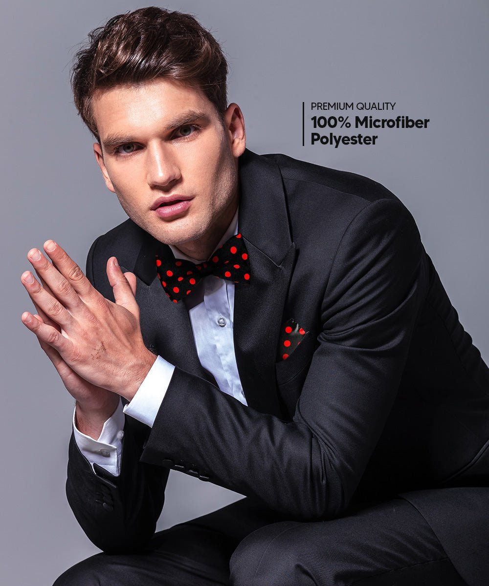 Vittorio Farina Men's Polka Dot Satin Bow Tie & Pocket Square in Gift Box - Suits You Sir - Black and Red - 