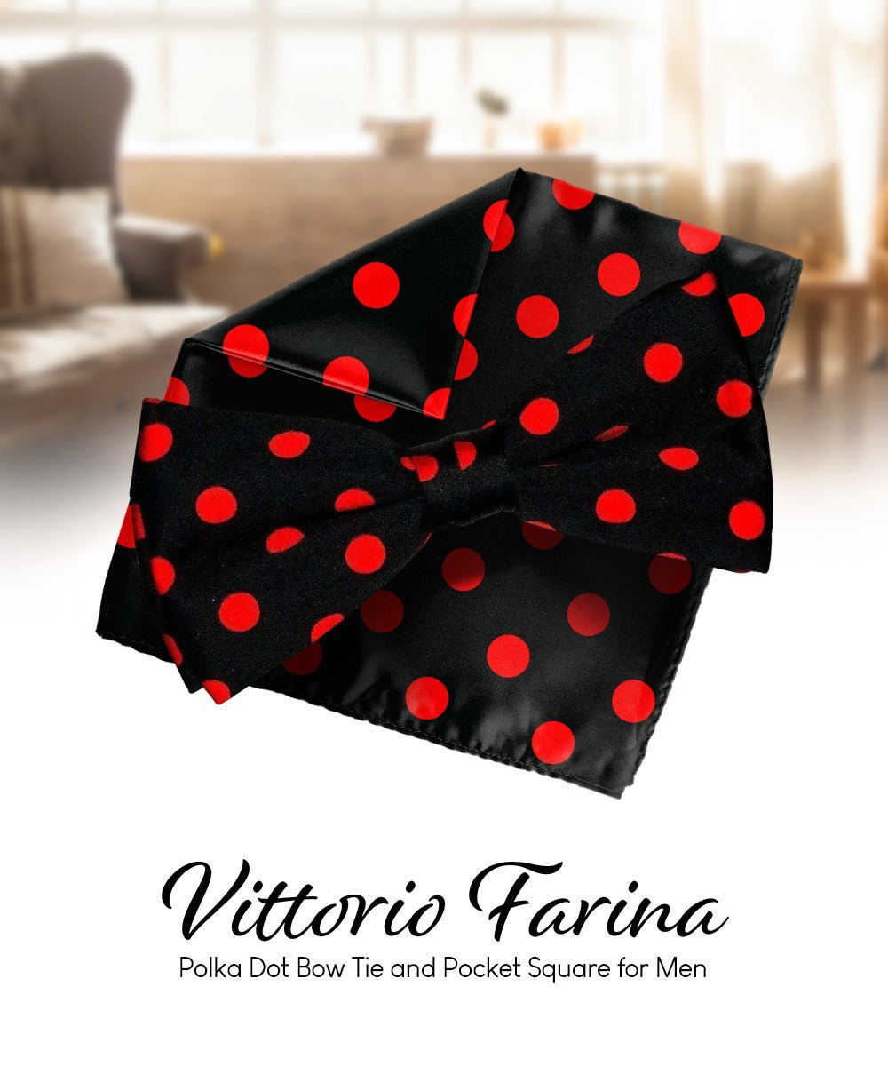 Vittorio Farina Men's Polka Dot Satin Bow Tie & Pocket Square in Gift Box - Suits You Sir - Black and Red - 
