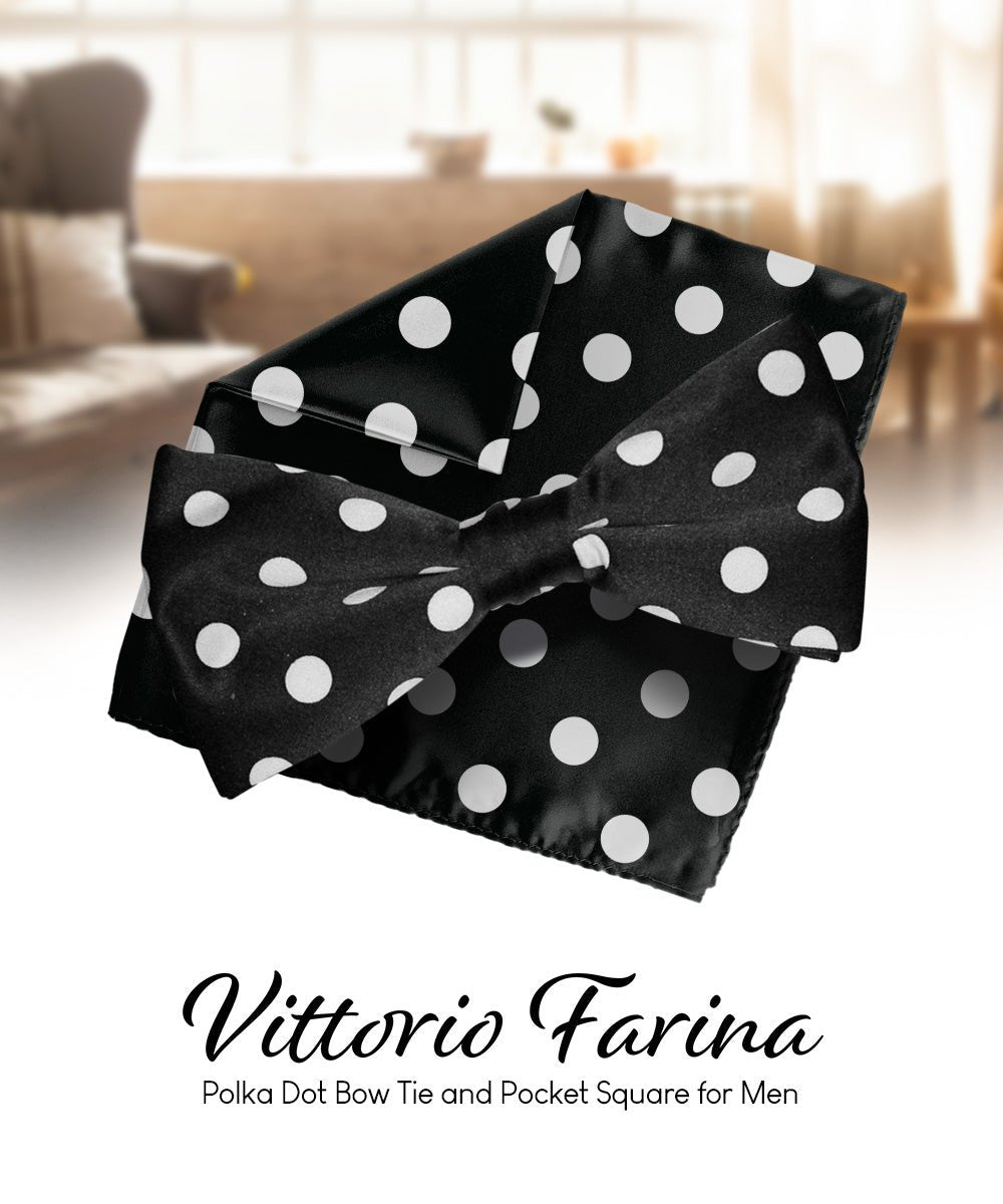 Vittorio Farina Men's Polka Dot Satin Bow Tie & Pocket Square in Gift Box - Suits You Sir - Black and White - 