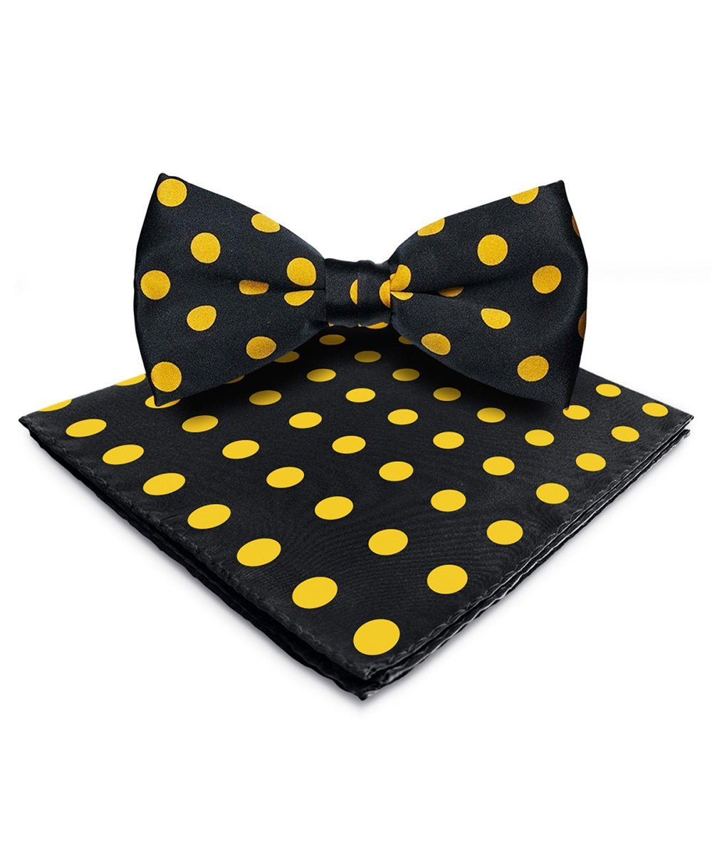 Vittorio Farina Men's Polka Dot Satin Bow Tie & Pocket Square in Gift Box - Suits You Sir - Black and Yellow - 
