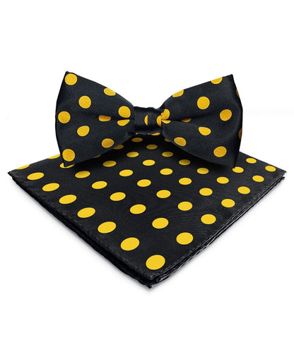 Vittorio Farina Men's Polka Dot Satin Bow Tie & Pocket Square in Gift Box - Suits You Sir - Black and Yellow - 