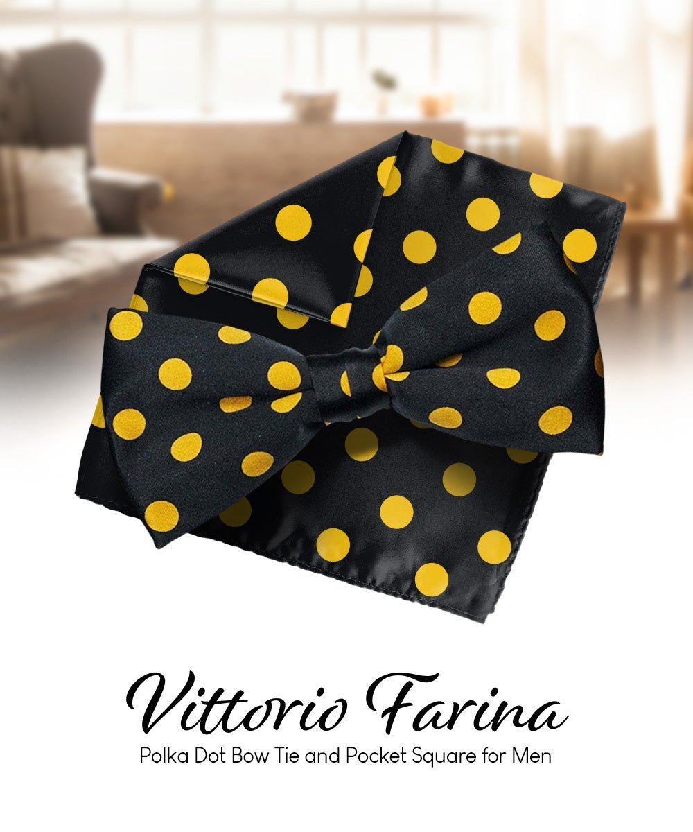 Vittorio Farina Men's Polka Dot Satin Bow Tie & Pocket Square in Gift Box - Suits You Sir - Black and Yellow - 