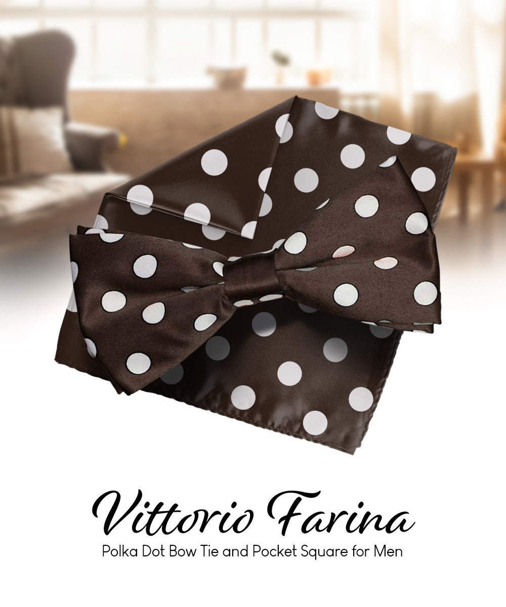 Vittorio Farina Men's Polka Dot Satin Bow Tie & Pocket Square in Gift Box - Suits You Sir - Brown and Ivory - 