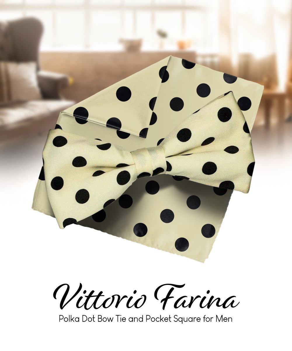 Vittorio Farina Men's Polka Dot Satin Bow Tie & Pocket Square in Gift Box - Suits You Sir - Ivory and Black - 