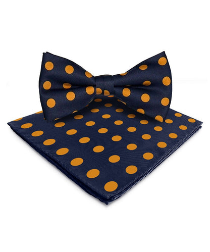 Vittorio Farina Men's Polka Dot Satin Bow Tie & Pocket Square in Gift Box - Suits You Sir - Navy Blue and Gold - 