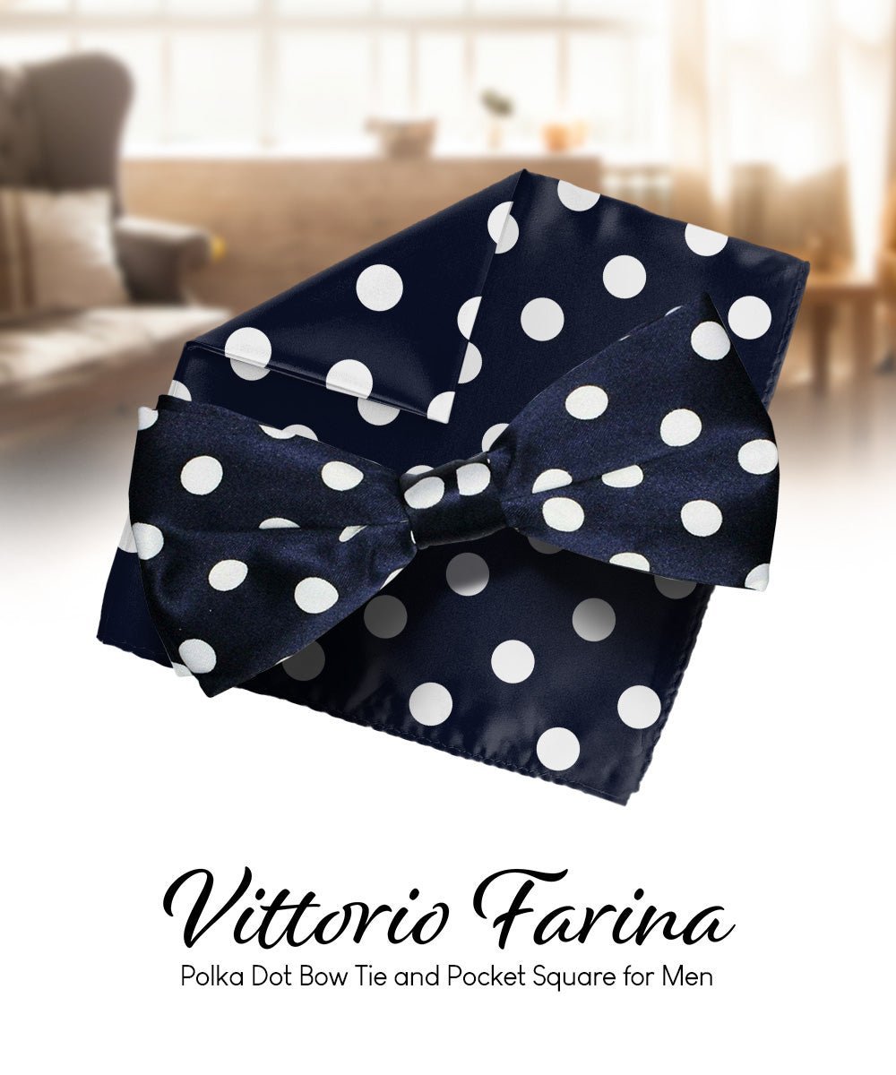 Vittorio Farina Men's Polka Dot Satin Bow Tie & Pocket Square in Gift Box - Suits You Sir - Navy Blue and White - 